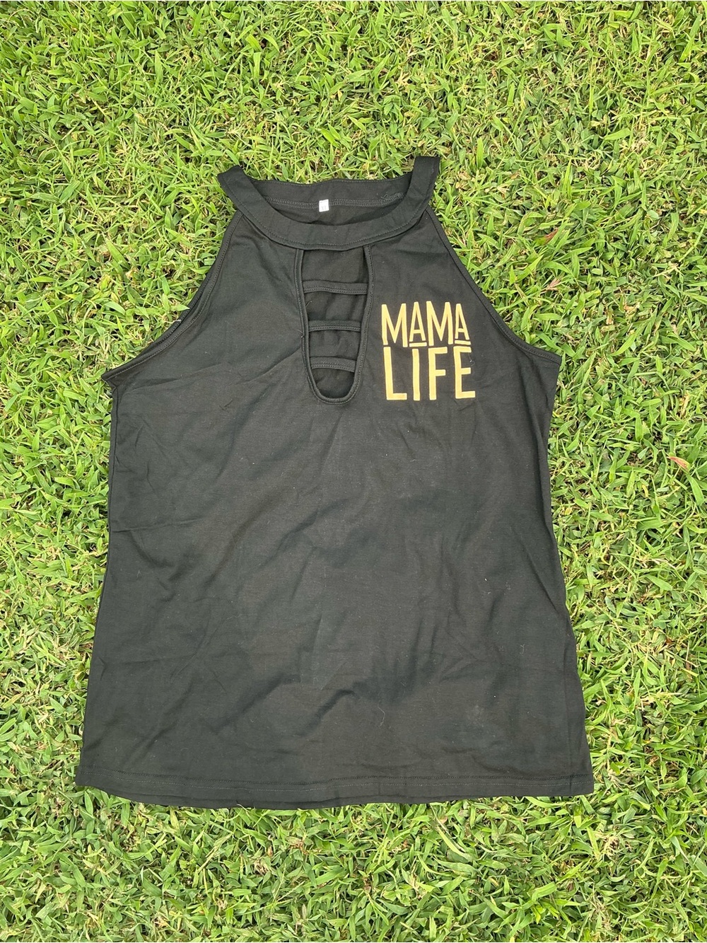 Source Unknown Black Tank Top with Gold "MAMA LIFE" Graphic